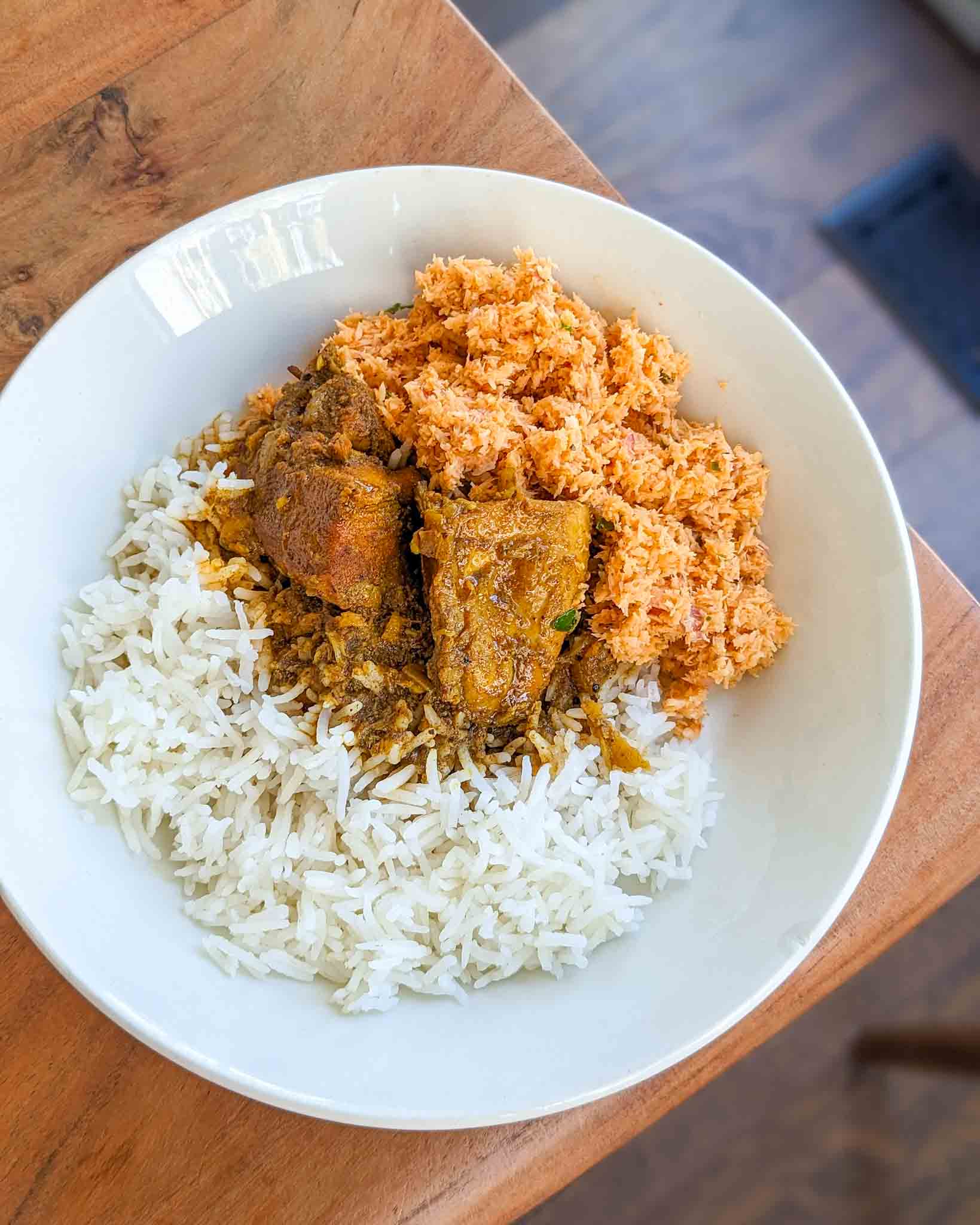 Rice Chicken curry and Coconut Sambol